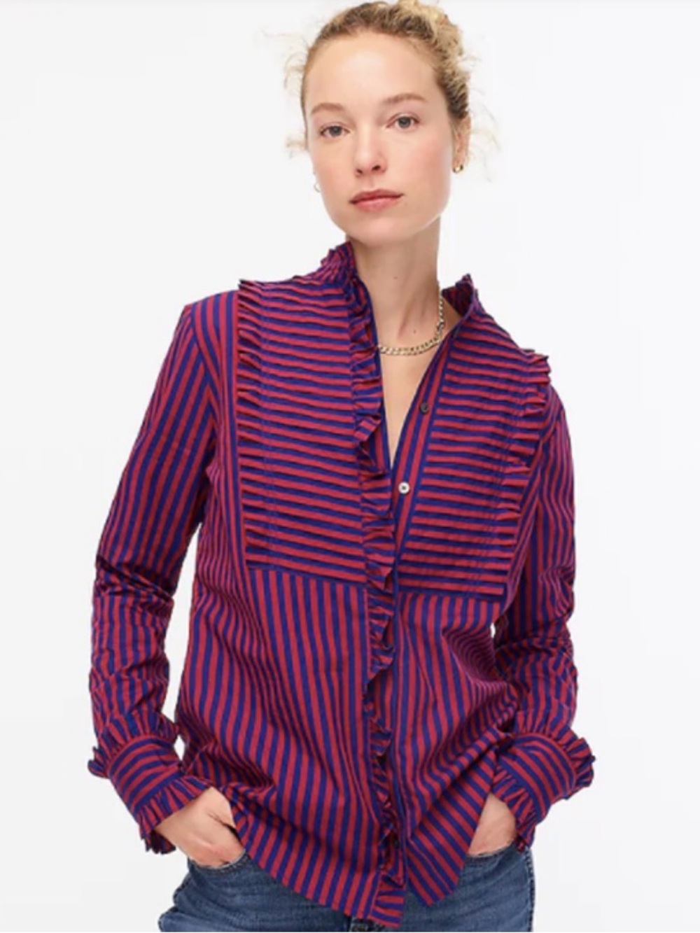 NWT J. Crew Ruffle-Trim Tuxedo Shirt‎ In Stripe Button Up Red Blue Size XS